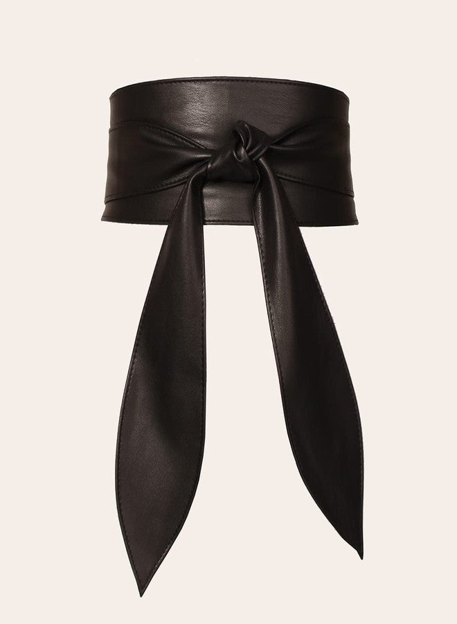 Weenkeey Women Obi Belt Bow Tie Wrap Wide Waistband Faux Leather Wide Cinch Belt for Dresses - Black - Image 3